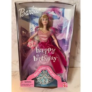 Barbie Happy Birthday Doll Pink Purple Gown Tiara Gift Box 54219 Mattel 2001